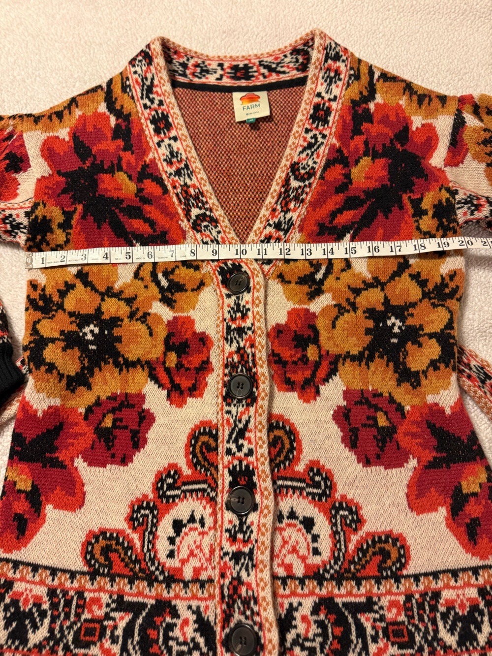 FARM RIO Sand Winter Tapestry Knit Cardigan Belted Sweater Cream Red Floral - Picture 7 of 15